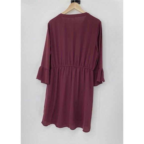 Maurices Maroon Red Cinch Waist Bell Sleeve Chiffon Lined Dress Size XL Career - Picture 2 of 10